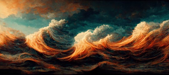 Dramatic stormy seascape, turbulent surreal ocean waves with fiery orange sunset glow - hurricane gale surf. Gloomy overcast clouds and dark color theme, digital painting.