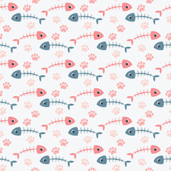 seamless pattern with fishbones and paw prints