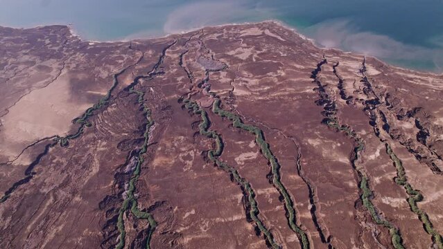 Aerial photography of Springs on the shores of the Dead Sea Judaean Desert