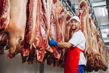 Fototapeta na wymiar Man butcher standing by the hanging meat at the freezer