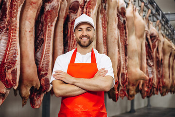 Young butcher at the meat factory standing by the hanging meat