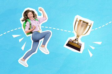 Collage 3d image of pinup pop retro sketch of funky lucky little child celebrating winning trophy...