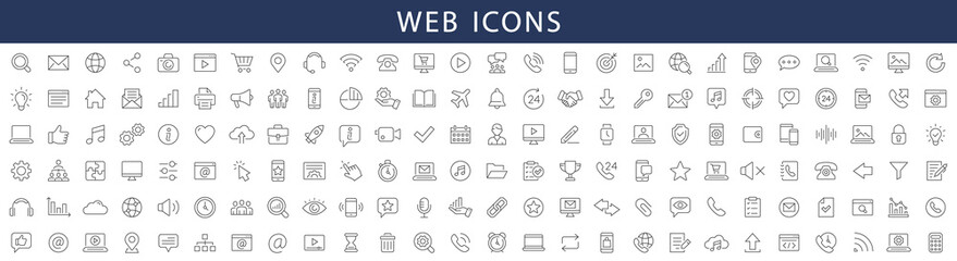 Web icons set. Media, web, contact, commerce, communication, device icons.Thin line icons collection. Vector illustration