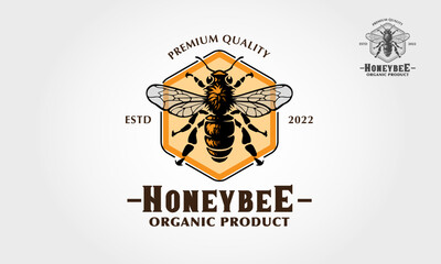 Honey Bee Logo Illustration. Illustration design for honey insect, logo for organic product. Apiary element, pest insignia or tattoo. Biology and entomology theme.