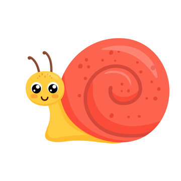 Cute smiling snail isolated on white background. Funny insect for children. Flat cartoon vector illustration