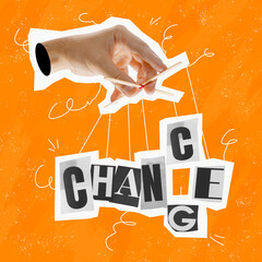 Surreal conceptual poster. Human hand offers to make a choice between two words. Concept of choice,...