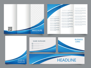Tri fold brochure with blue waves. Collection of folded brochures, annual report, business card. For printing, A4 magazine cover