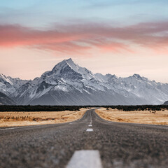 View of the majestic Aoraki Mount Cook with the road leading to Mount Cook Village. Taken during...