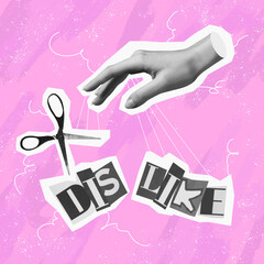 Surreal conceptual poster. Human hand offers to make a choice between two words. Concept of choice,...