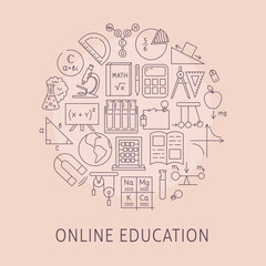 Online education round poster in line style