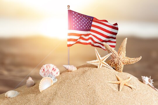 Beach, Ocean, Starfish, American flag. Summer vacations. Sunny day. Tropical nature. Seascape concept for travel agency
