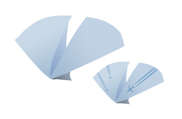 Isolated paper planes. The difference between them is that on the wings of one there are painted planes that fly. The concept of fly, overfly, move fast, journey, travel, vacation.