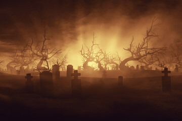 sunset in scary cemetery with old trees, halloween landscape