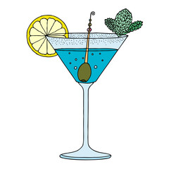 Cocktail with a slice of lemon, olive and mint leaves. Hand Drawn. Freehand drawing. Sketch.