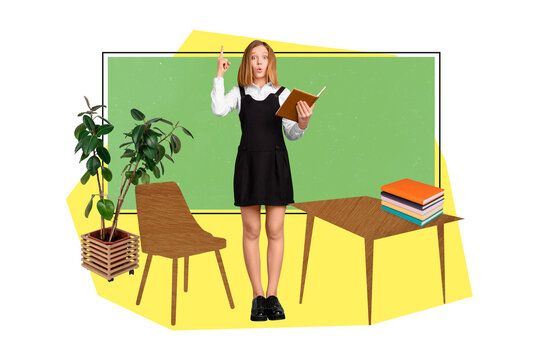 Banner collage of school girl answer lesson wear uniform isolated on painting background