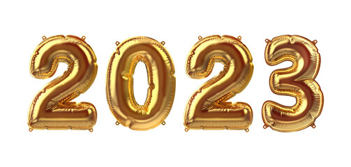 3D Render of Golden inflatable foil balloons. Party 2023 decoration figures. Yellow numbers...