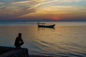 Naklejka na ściany i meble Cambodia. The seaside resort of Kep. Krong Kep Province. Sunset on the bay of Kep
