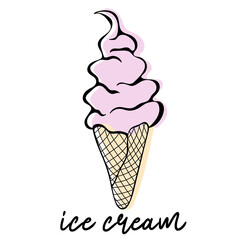 Outline swirled soft serve vanilla ice cream in wafers cone isolated on white background. Sweet dessert. Contour drawn vector illustration