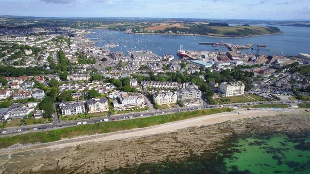 Aerial Shot Of Falmouth Sea Front And Docks, Cornwall, UK