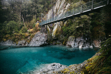 Famous turist attraction - Blue Pools, Haast Pass, New Zealand, South Island