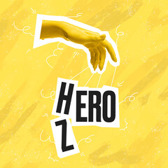 Surreal conceptual poster. Human hand offers to make a choice between two words. Concept of choice,...