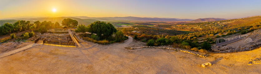 Sunset panorama of ruins, Roman Theater, Netofa valley countryside, Tzipori