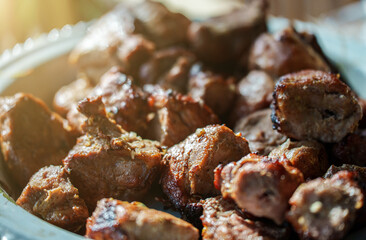 Tasty pork shashlik on the table.