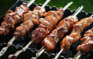 Tasty pork shashlik on the grill.