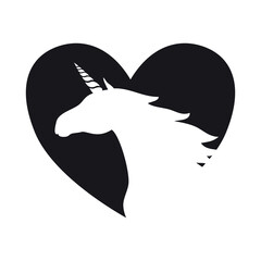 Vector hand drawn flat unicorn head silhouette in heart isolated on white background