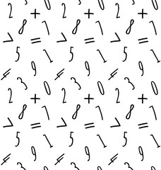 Vector seamless pattern of hand drawn sketch doodle math symbols and numbers isolated on white background