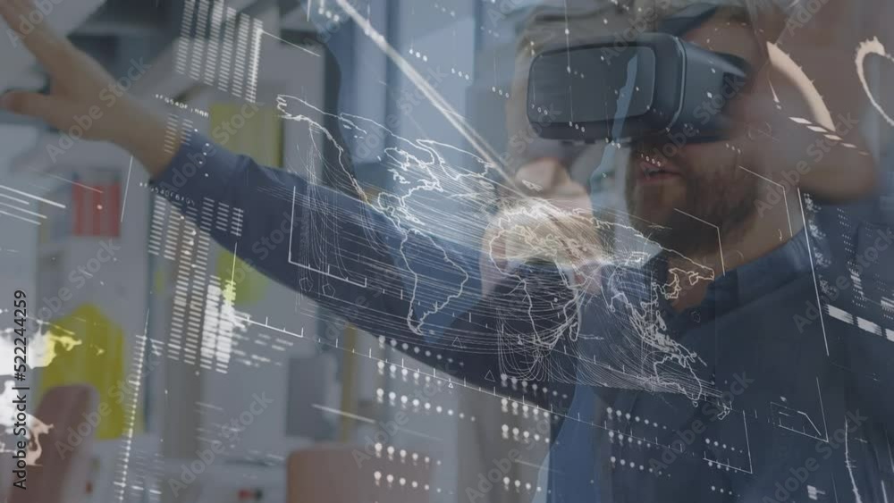 Poster animation of digital screen with data processing over caucasian man in vr headset