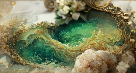 Watercolor green art background. Dusty green and golden geode frame. Wallpaper design with floral paint brush line art. 3d render - obrazy, fototapety, plakaty