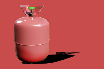 Refrigerants inside gas cylinder. Pink bottle with filling Freon. Gas for refueling refrigerators...
