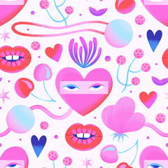 Colorful psychedelic seamless pattern with hearts, pink flowers, eyes, lips, cherries on a white background. Sweet summer mood. Contemporary surface design. Wrapping paper, wallpaper, textiles