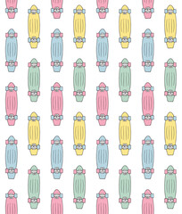 Vector seamless pattern of different color hand drawn doodle sketch cruiser skateboard isolated on white background