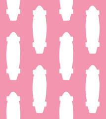 Vector seamless pattern of hand drawn cruiser skateboard silhouette isolated on pink background