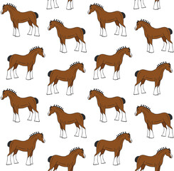 Vector seamless pattern of hand drawn doodle sketch colored shire horse isolated on white background