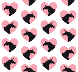 Vector seamless pattern of hand drawn flat unicorn head silhouette in pink heart isolated on white background