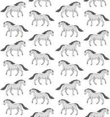 Vector seamless pattern of hand drawn doodle sketch colored pre spanish horse isolated on white background