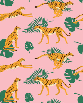 Vector seamless pattern of flat hand drawn cheetah and palm leaves isolated on pink background © Sweta