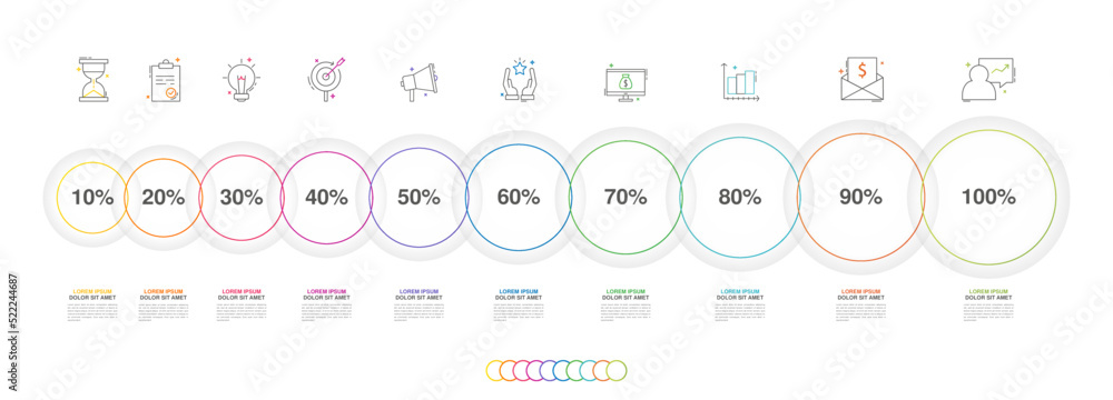 Poster vector line infographics with ten circles. business concept graphic process template with 10 steps. 