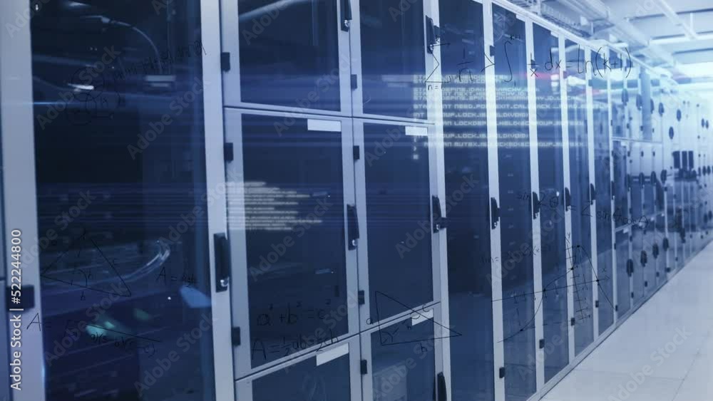Poster animation of mathematical equations and data processing over server room