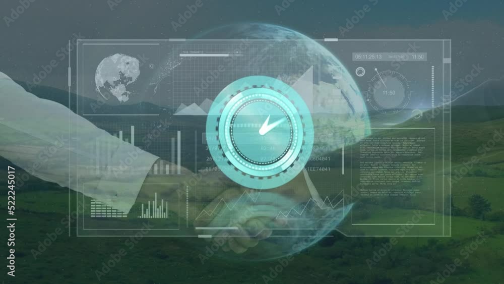 Poster animation of moving clock, globe and data processing over diverse people shaking hands and landscape