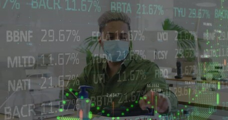 Animation of stock market and data processing over biracial businessman wearing face mask - Powered by Adobe