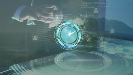 Animation of moving clock and data processing over hands using digital interface and landscape