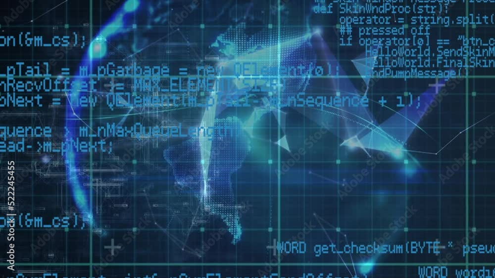 Poster animation of globe with network of connections and data processing on black background