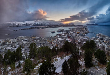 View over Ålesund from Aksla mountain during an incoming snowstorm, Norway.