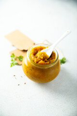 Homemade vegetable sauce in a jar