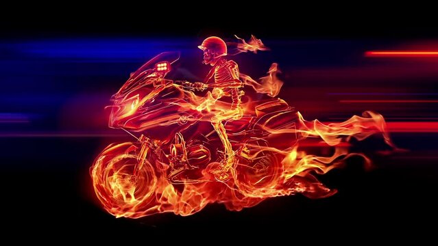 A burning skeleton riding a fiery motorcycle against a backdrop of city lights