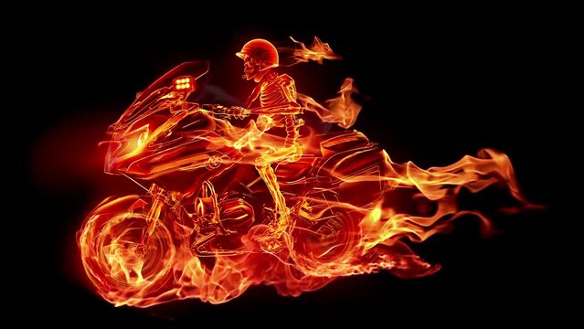 Animation of a burning skeleton riding a fiery motorcycle isolated on black background